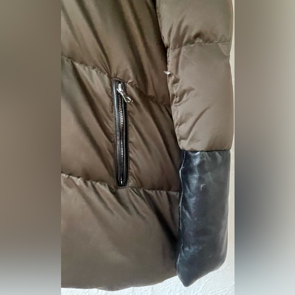 Sandro Marcie Down Puffer Jacket, Lamb Fur Hood, Leather Sleeves; size 3 / L - Picture 2 of 7